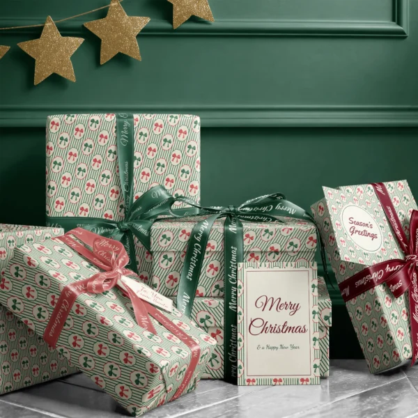Stack of presents in bow medallion paper with ribbons and a Merry Christmas card by a dark green wall