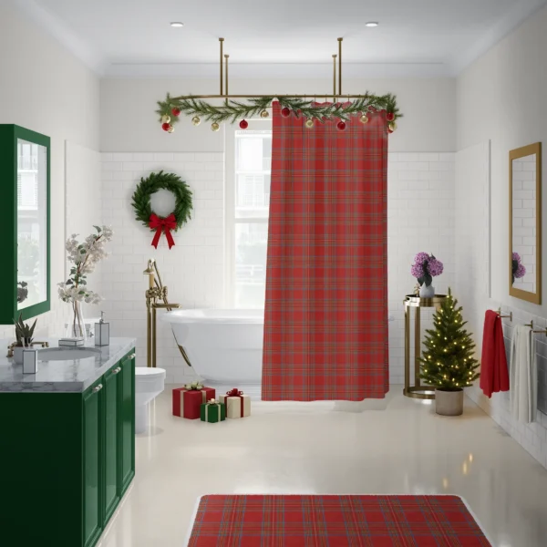 Bright red tartan bath mat in front of the matching shower curtain and a freestanding tub
