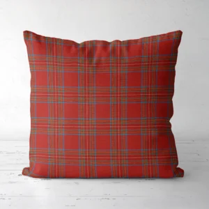 Bright red tartan Christmas pillow facing forward, scarlet plaid with blue lines