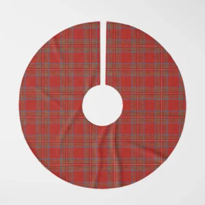 Bright red tartan tree skirt laid flat, top view of the scarlet plaid