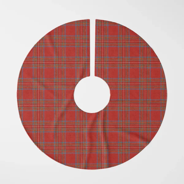 Bright red tartan tree skirt laid flat, top view of the scarlet plaid