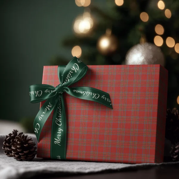 Box wrapped in red tartan paper with a satin ribbon bow, Christmas tree lights behind