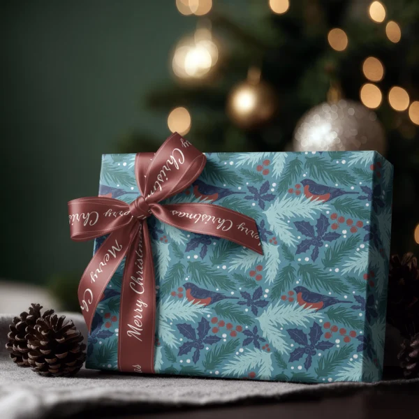 Box wrapped in teal bullfinch paper with a satin ribbon bow, Christmas tree lights behind