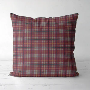 Burgundy and sage plaid throw pillow, front view, sage checks with navy lines
