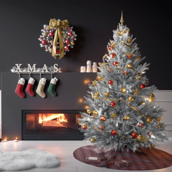 Tree on the burgundy and sage plaid skirt in a living room with charcoal walls