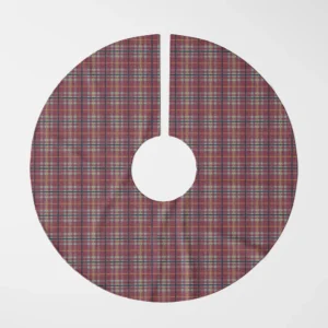 Burgundy and sage plaid tree skirt laid flat, top view of sage checks on wine red