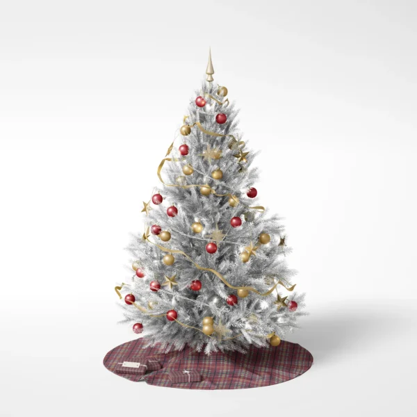 Decorated tree on a white background standing on the burgundy and sage skirt