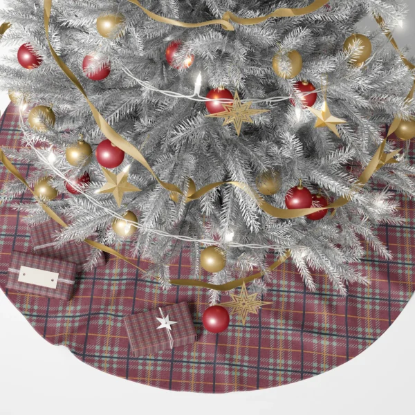 Country plaid tree skirt in burgundy and sage under a lit tree with gifts