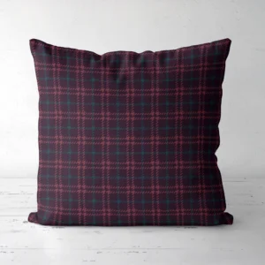 Burgundy houndstooth plaid throw pillow, front view, rose lines on dark aubergine