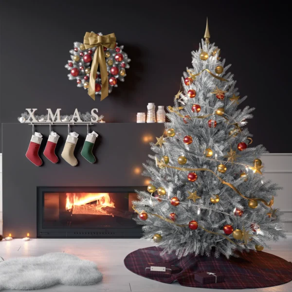 Tree on the burgundy houndstooth skirt in a living room with charcoal walls