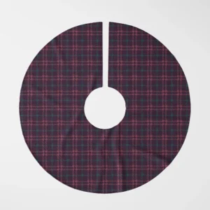 Burgundy houndstooth plaid tree skirt laid flat, top view of rose lines on aubergine