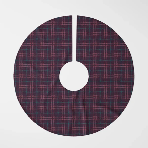 Burgundy houndstooth plaid tree skirt laid flat, top view of rose lines on aubergine