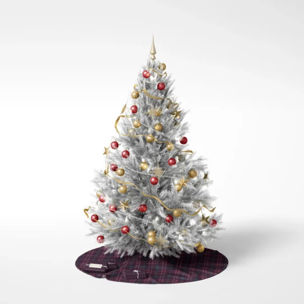 Decorated tree on a white background standing on the houndstooth plaid skirt