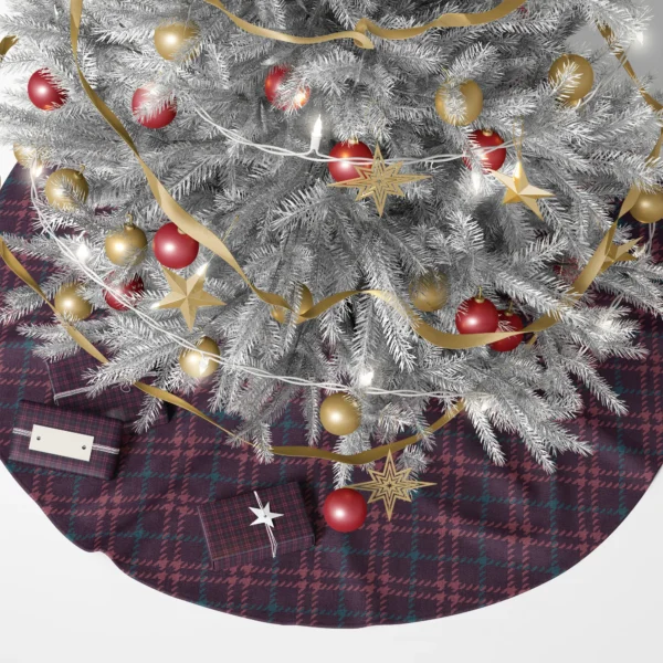 Aubergine houndstooth tree skirt under a lit tree with wrapped presents