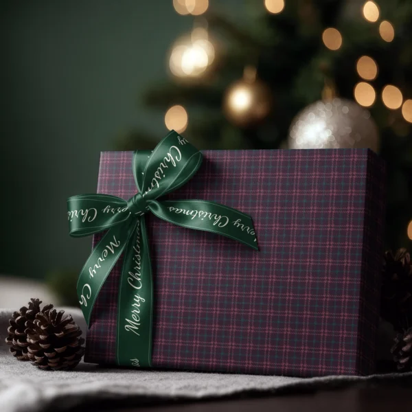 Box wrapped in burgundy houndstooth plaid paper with a satin ribbon bow and string lights behind