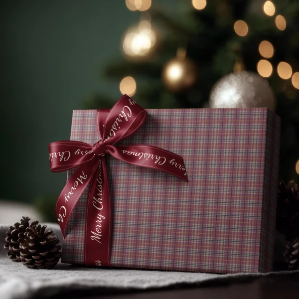 Box wrapped in burgundy and sage plaid paper with a satin ribbon bow and string lights behind