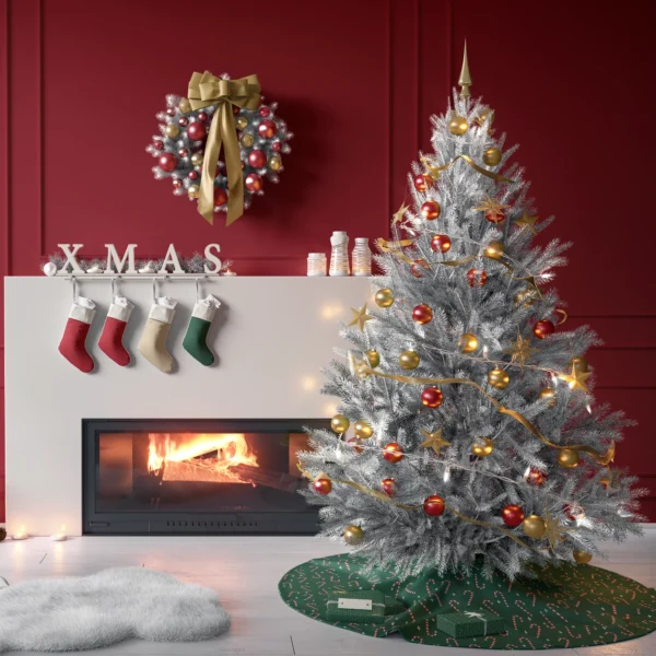 Tree on the candy cane skirt in a living room with red paneled walls
