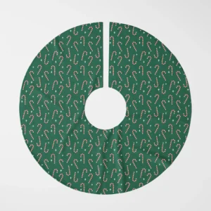 Candy cane tree skirt laid flat, top view of peppermint canes and stars on green