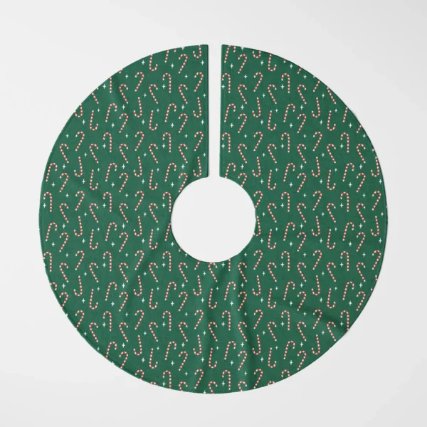 Candy cane tree skirt laid flat, top view of peppermint canes and stars on green