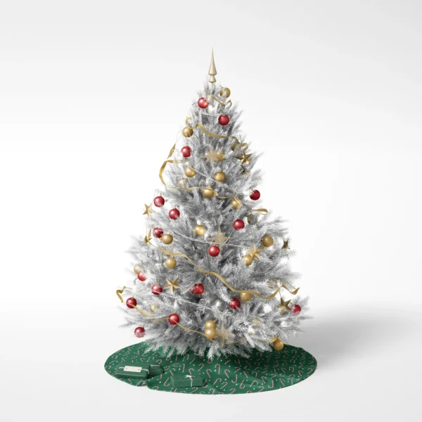 Decorated tree on a white background resting on the green candy cane skirt