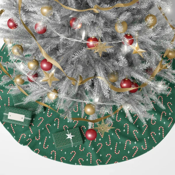 Peppermint tree skirt under a lit Christmas tree with wrapped presents