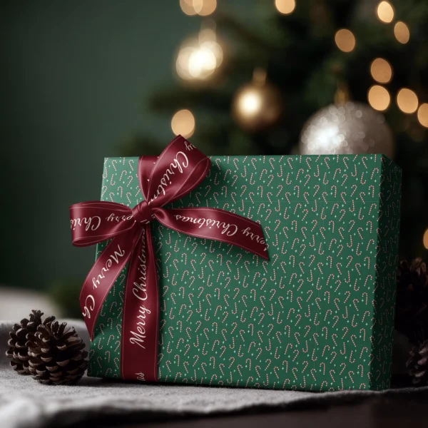 Box wrapped in candy cane paper with a satin ribbon bow, Christmas tree lights behind