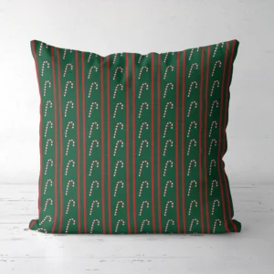 Candy cane stripe Christmas pillow facing forward, canes between red pinstripes