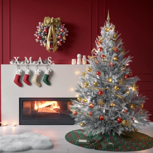 Tree on the candy cane stripe skirt in a living room with red paneled walls