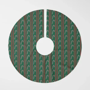 Candy cane stripe tree skirt shown flat from above, cane columns on green