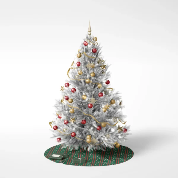 Decorated tree on white standing on the pinstripe candy cane skirt