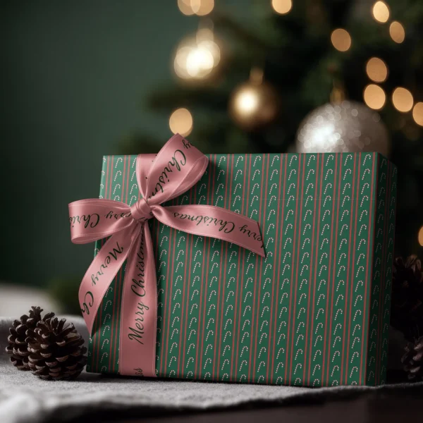 Box wrapped in candy cane stripe paper with a satin ribbon bow, Christmas tree lights behind