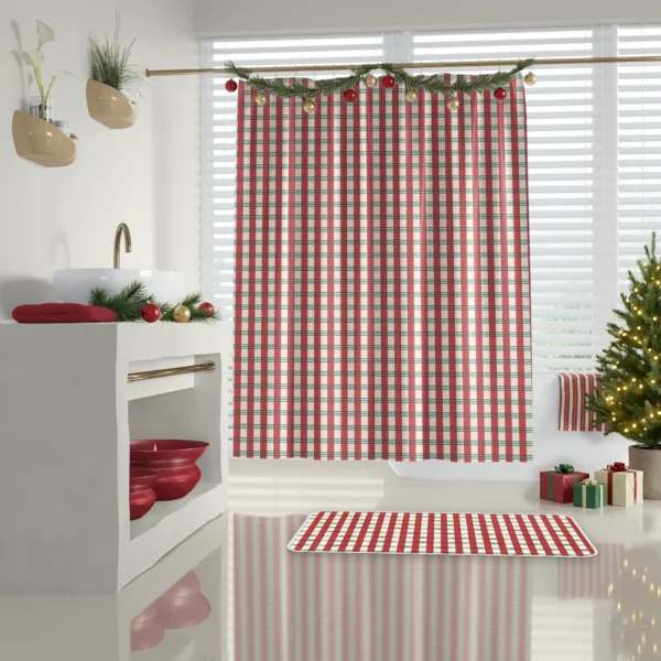 Candy stripe plaid bath mat on a glossy floor below the matching Christmas shower curtain