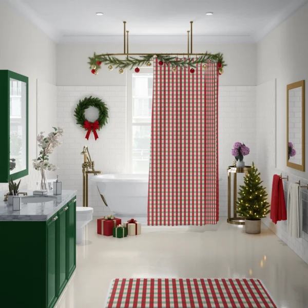 Candy stripe plaid curtain on a ceiling rail around a freestanding tub, with the matching bath mat