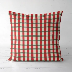 Candy stripe plaid Christmas pillow facing forward, red bands with green pinlines