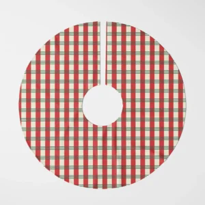 Candy stripe plaid tree skirt shown flat from above, red bands and green pinlines on cream