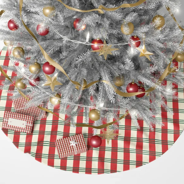 Peppermint plaid tree skirt beneath a lit Christmas tree with wrapped presents