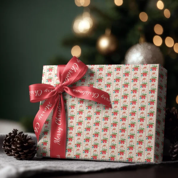 Box wrapped in red bow bouquet paper with a satin ribbon bow, Christmas tree lights behind