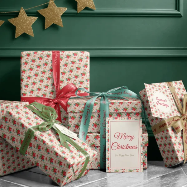 Stack of presents in red bow bouquet paper with ribbons and a Merry Christmas card by a dark green wall