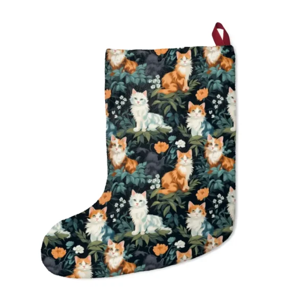 Back of the Christmas stocking with a cats and leaves on forest green print and a dark red hanging loop