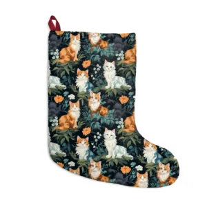 Christmas stocking with a cats and leaves on forest green print, front view