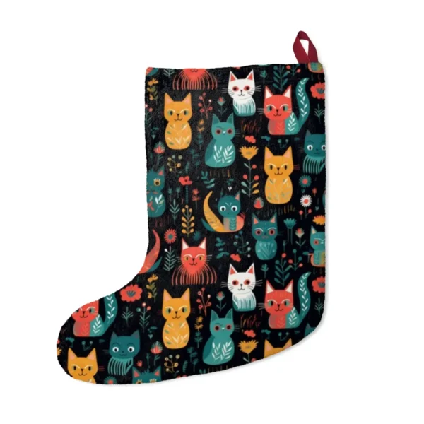 Back of the Christmas stocking with a folk-style cats on black print and a dark red hanging loop