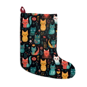 Christmas stocking with a folk-style cats on black print, front view