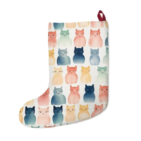Back of the Christmas stocking with a watercolor cats on cream print and a dark red hanging loop