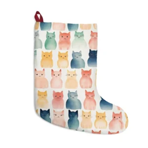 Christmas stocking with a watercolor cats on cream print, front view