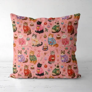 Christmas cat sweater pillow standing on a white floor, front view