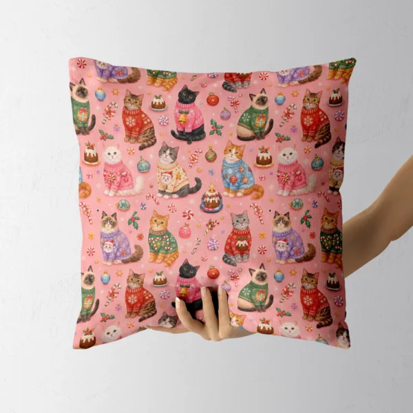 Hand holding the coral-pink cat sweater throw pillow