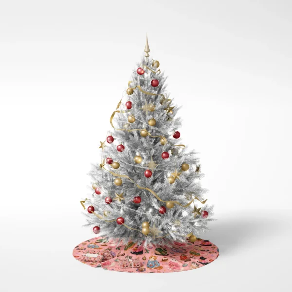 Decorated tree on white standing on the pink cat sweater skirt