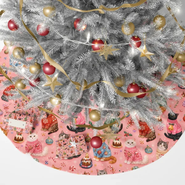 Cat sweater tree skirt beneath a lit Christmas tree with wrapped gifts