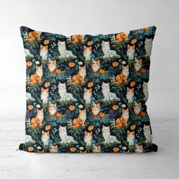 Throw pillow with a cats and leaves on forest green print, front view
