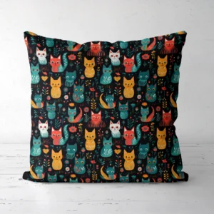Throw pillow with a folk-style cats on black print, front view
